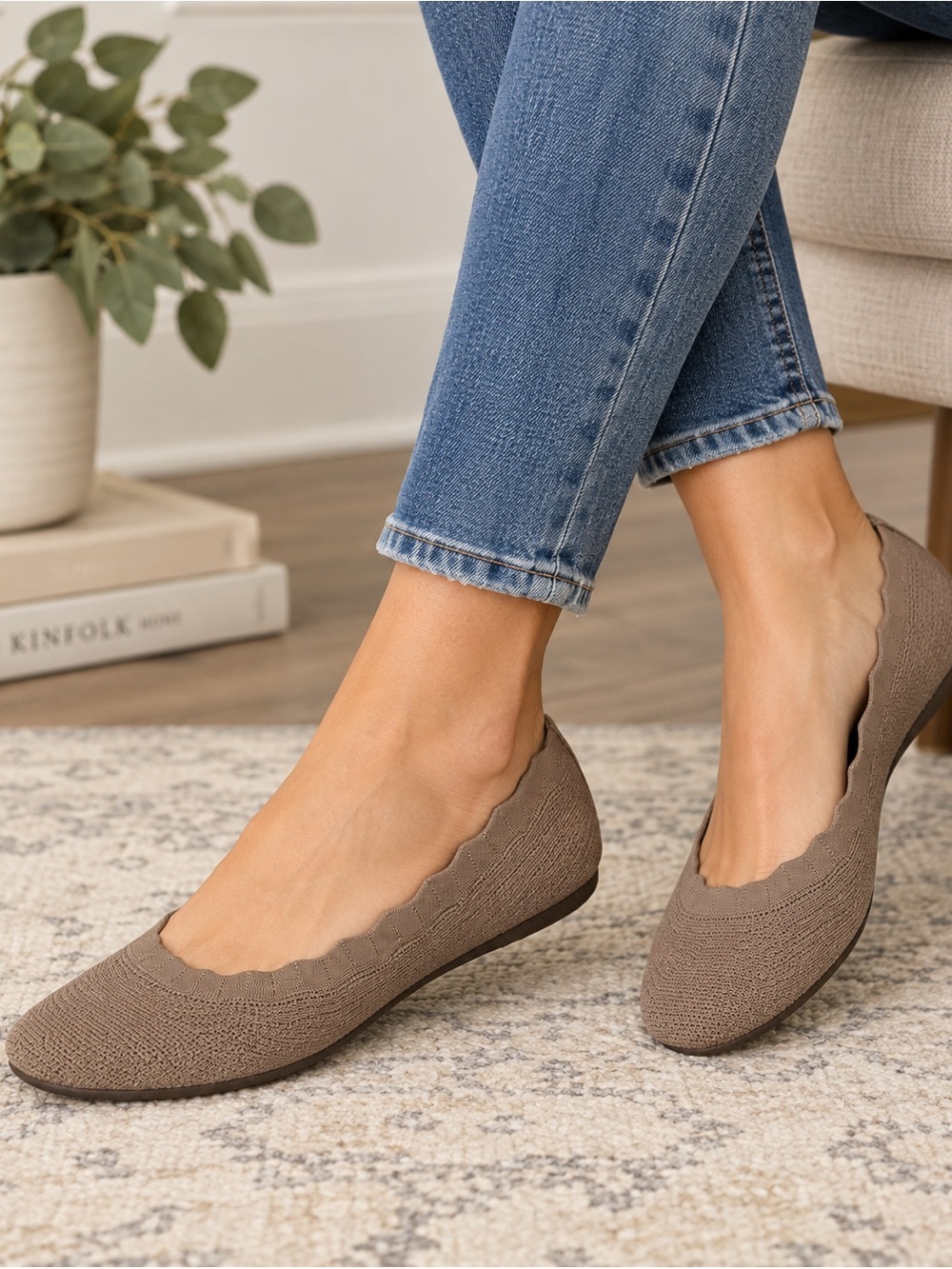 Skechers Stretch Fit Ballet Flats Womens 8.5 Taupe Knit Memory Foam 158343